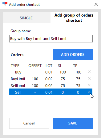 ForexSpeedUp using. Group of orders shortcut. Remove order template button